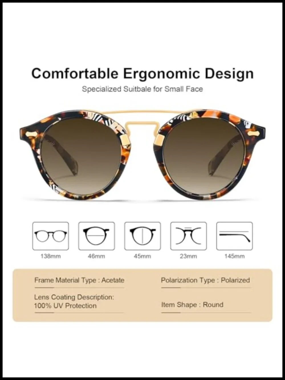 Double Bridge Round Sunglasses for Women Polarized UV Protection Retro Metal